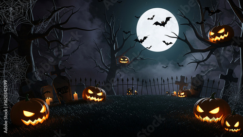 Halloween spooky night background with pumpkins bats moon and graveyard halloween scene image