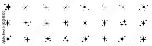 Collection of sparkle star icons and doodle shine elements. Magical twinkle, glitter, and glowing star symbols perfect for decorations, patterns, backgrounds, and vector designs.
