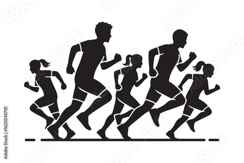 Diverse group of runners in silhouette running race