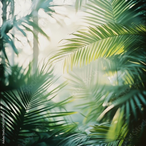 Golden fronds of a tropical palm tree stretch towards the summer sky, creating a vibrant, natural backdrop of exotic green foliage