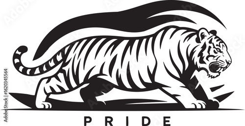 Bold tiger prowling with pride in graphic black and white design for fearless brand identity and logos