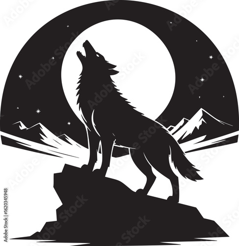 Howling Wolf Silhouette under Full Moon – Wild Nature and Mountain Night Scene
