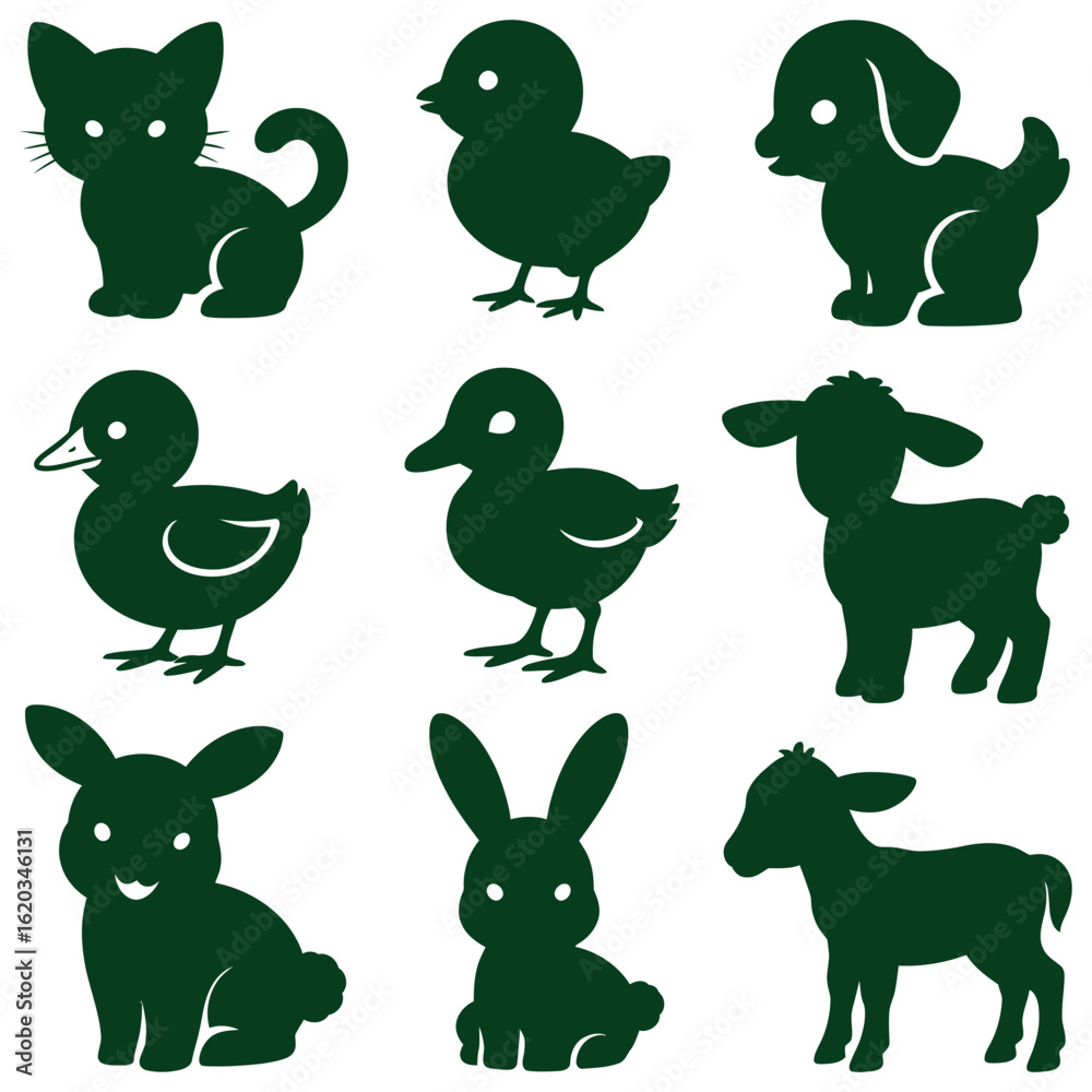 Naklejka premium Collection of funny cartoon animal characters and icons featuring a cute rabbit, cat, dog, owl, and duck vector illustration set