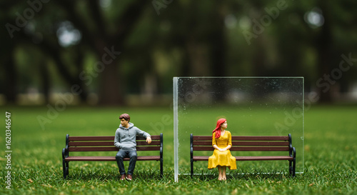 透明な壁で隔てられたベンチの男女 - 現代社会におけるコミュニケーション障壁と人間関係の希薄化