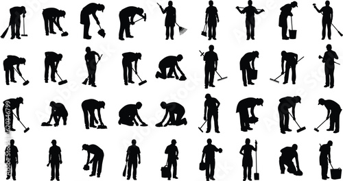 Silhouettes of people performing cleaning tasks with broom, mop, bucket, rake, sweeping tools, sanitation equipment, housekeeping, cleaning workers
