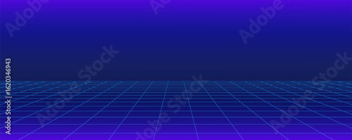 Retro neon background with 80s styled laser grid and stars from vintage arcade computer games