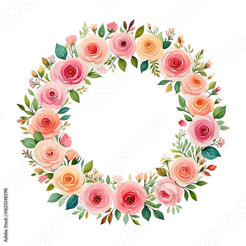 Watercolor Floral Wreath Pink Peach Roses Green Leaves