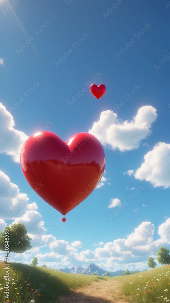 Fototapeta premium Heart Balloons Floating in Blue Sky