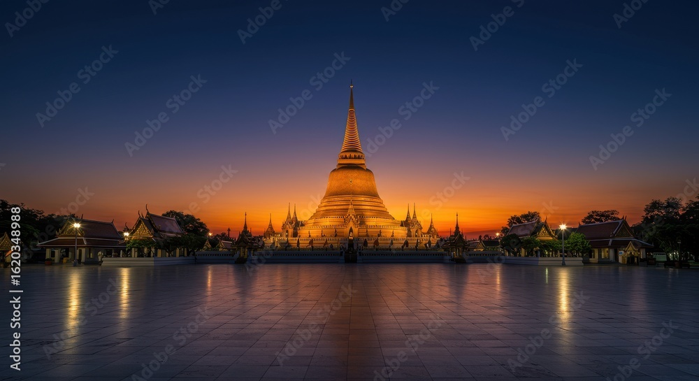 Fototapeta premium Golden Pagoda at Sunset Wat Phra Pathom Chedi, Nakhon Pathom, Thailand