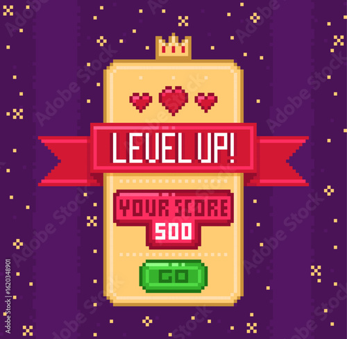 Retro game screen. Pixel ribbon with level up inscription, 8 bit asset interface, mobile app design, playing progress, heart symbol and score, old technology qualitative vector arcade concept
