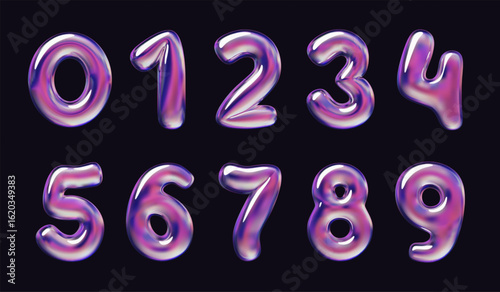 Holographic cartoon 3d numbers. Metallic pink colors, plump voluminous purple shapes, chrome balloons, birthday parties symbol, bubble helium glossy elements classy vector isolated set