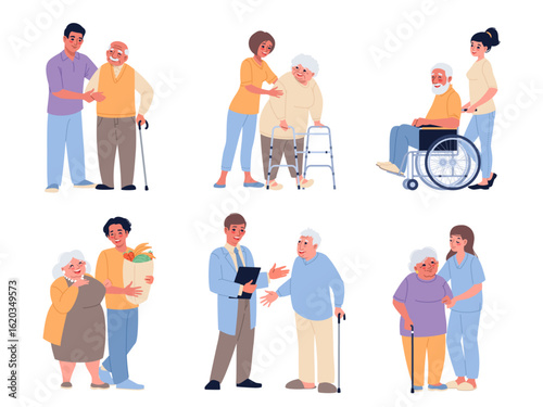Elder people care. Volunteers help pensioners, social workers solve problems of disabled, elderly woman, seniors with problems, grandfather on wheelchair, cartoon isolated classy vector set