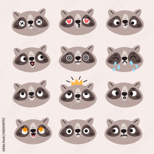 Wallpaper Mural Cute kawaii racoon. Little funny animals, forest fauna, night thief characters, different face emotions, wildlife grey creature mascot stickers garish vector cartoon flat style isolated set Torontodigital.ca