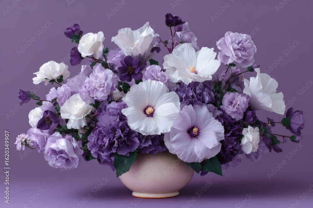 Obraz premium Vibrant arrangement of purple flowers in a delicate vase creating a calming atmosphere