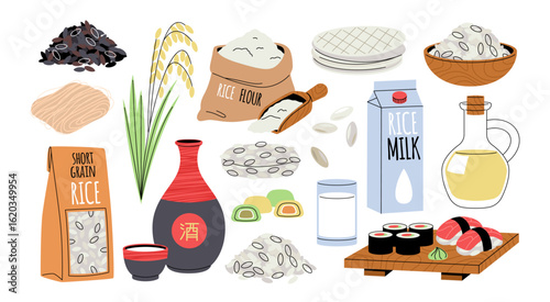 Cartoon rice products. Food and drinks, grain culture, seeds, flour in packaging, vegan milk, alcohol, asian meal, glass noodles, sushi and souse, cakes, isolated products, tidy vector set