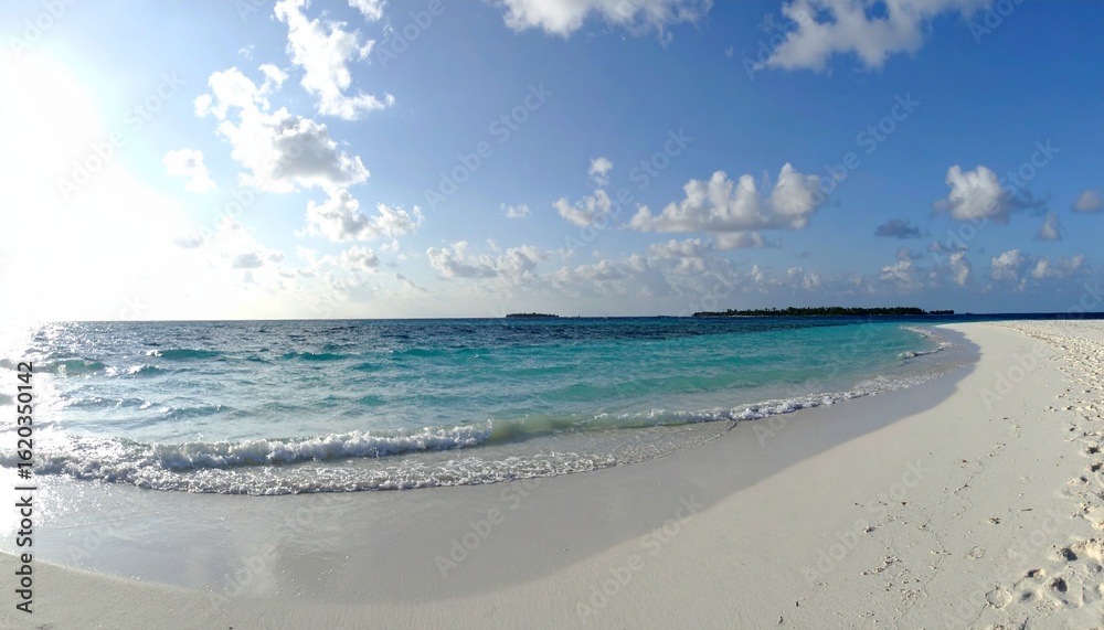 Fototapeta premium Beautiful sandy beach with white sand and rolling calm wave of turquoise ocean on Sun