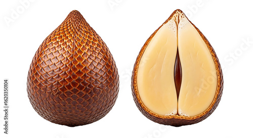 Detailed Salak Fruit Whole and Halved Showing Texture and Interior.