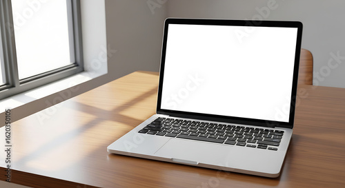 laptop with blank white screen in office