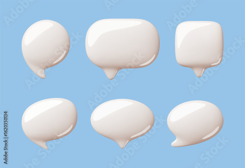 Cartoon 3d speech bubbles. Blank glossy text boxes, different shapes, communication three dimensional elements, templates, round and square balloons, classy vector render isolated set