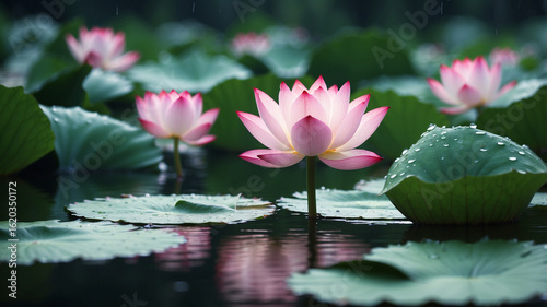 Lotus Flowers in Rainy Pond
