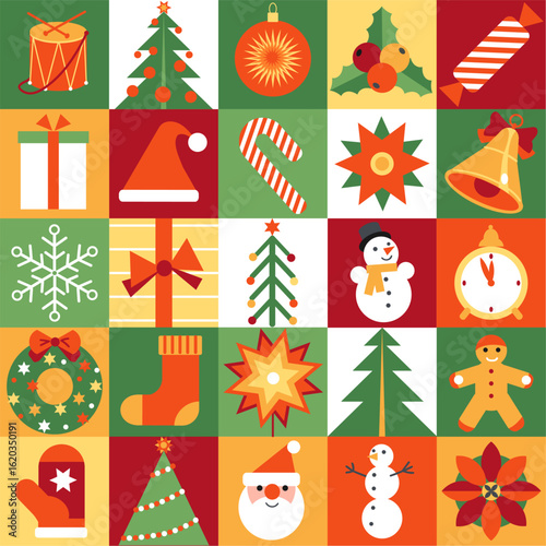 Xmas bauhaus pattern. Simple mosaic style new year elements, primitive shapes, geometric tiles design Christmas objects. Textile, wrapping paper, wallpaper. Print for fabric splendid vector set