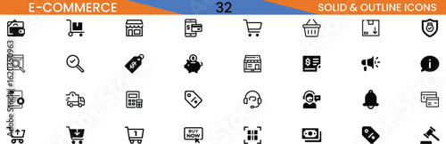 32 E-Commerce Solid & Outline Icons Set, Online Shopping, Digital Business, Payment, Cart & Store Icons for Web Design