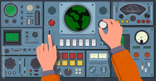 Pilot hands on control panel. Operator controls spaceship, retro analog dashboard, screens, dials, indicators mechanisms, buttons, cartoon flat style isolated qualitative vector concept
