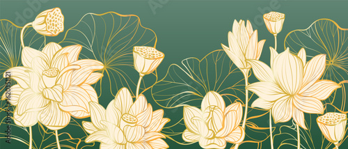 Hand drawn lotus background. Luxury oriental plants, decorative creative botanic elements, beautiful flowers and golden leaves, premium banner, Asian backdrop, splendid vector concept