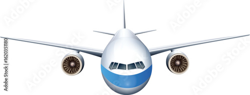 Art & Illustration "Front View of Modern Airplane with Twin Engines and Blue Accents"