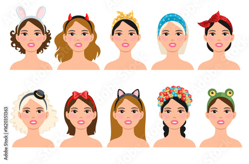 Female head with headband. Girly hairstyles with different decorative accessories, cute patterned bandanas and ribbons, cartoon flat style isolated woman portrait splendid vector set