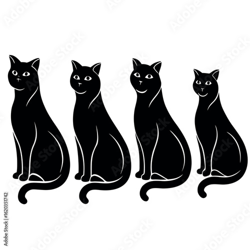 a bundle of 4 sitting house cat silhouettes on white background