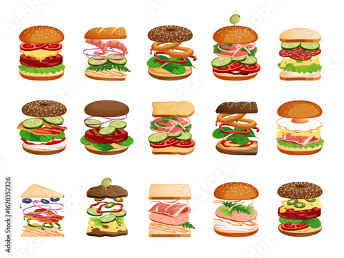 Burger and sandwich ingredients. Layered fast food, snack components, sliced meat, fresh vegetables, cheese between toasts, buns, menu assortment, cartoon flat style isolated tidy vector set