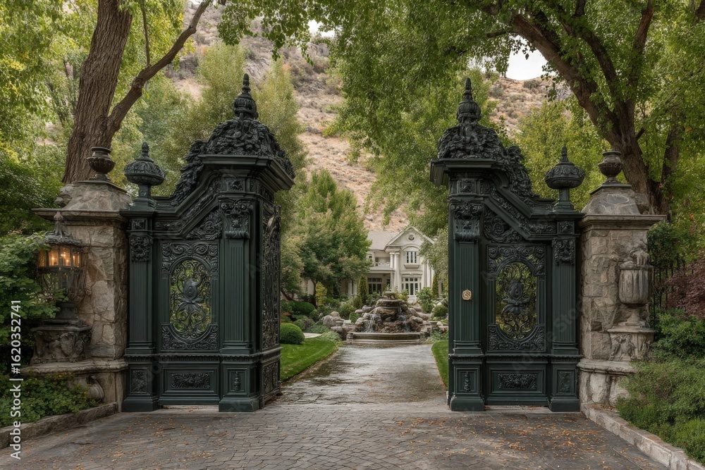 Obraz premium Elegant wrought iron gates lead to a luxurious estate surrounded by lush greenery in a serene setting