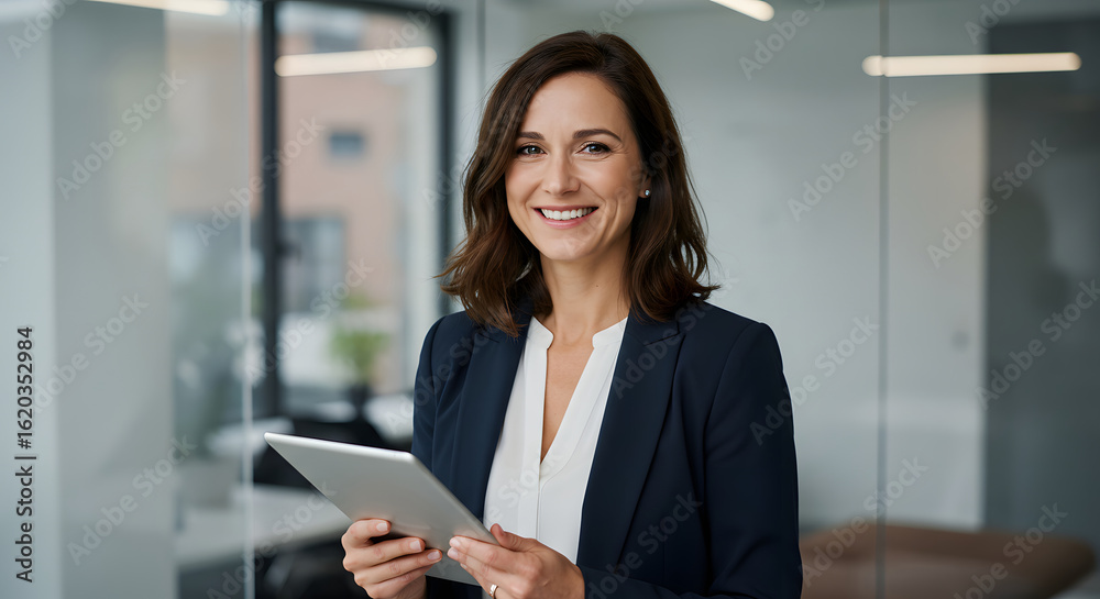 Confident Businesswoman Using Tablet, Modern Office, Professional Portrait, Smiling, Successful, Corporate, Technology Confident Businesswoman Using Tablet, Modern Office, Professional Portrait, Smiling, Successful, Corporate, Technology