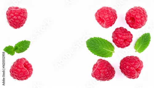 Ripe rasberries and mint isolated on white background. Top view