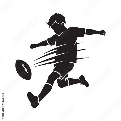Silhouette of a boy kicking a rugby ball with motion lines
