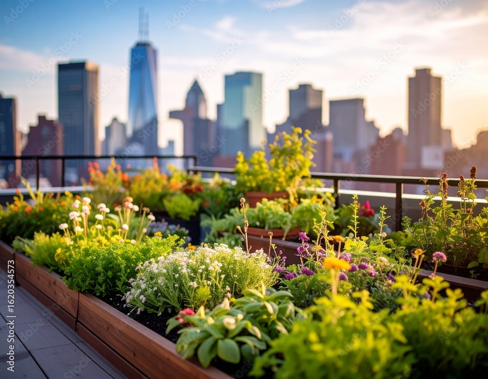 Fototapeta premium Rooftop Garden in City Skyline at Sunset Urban Farming.