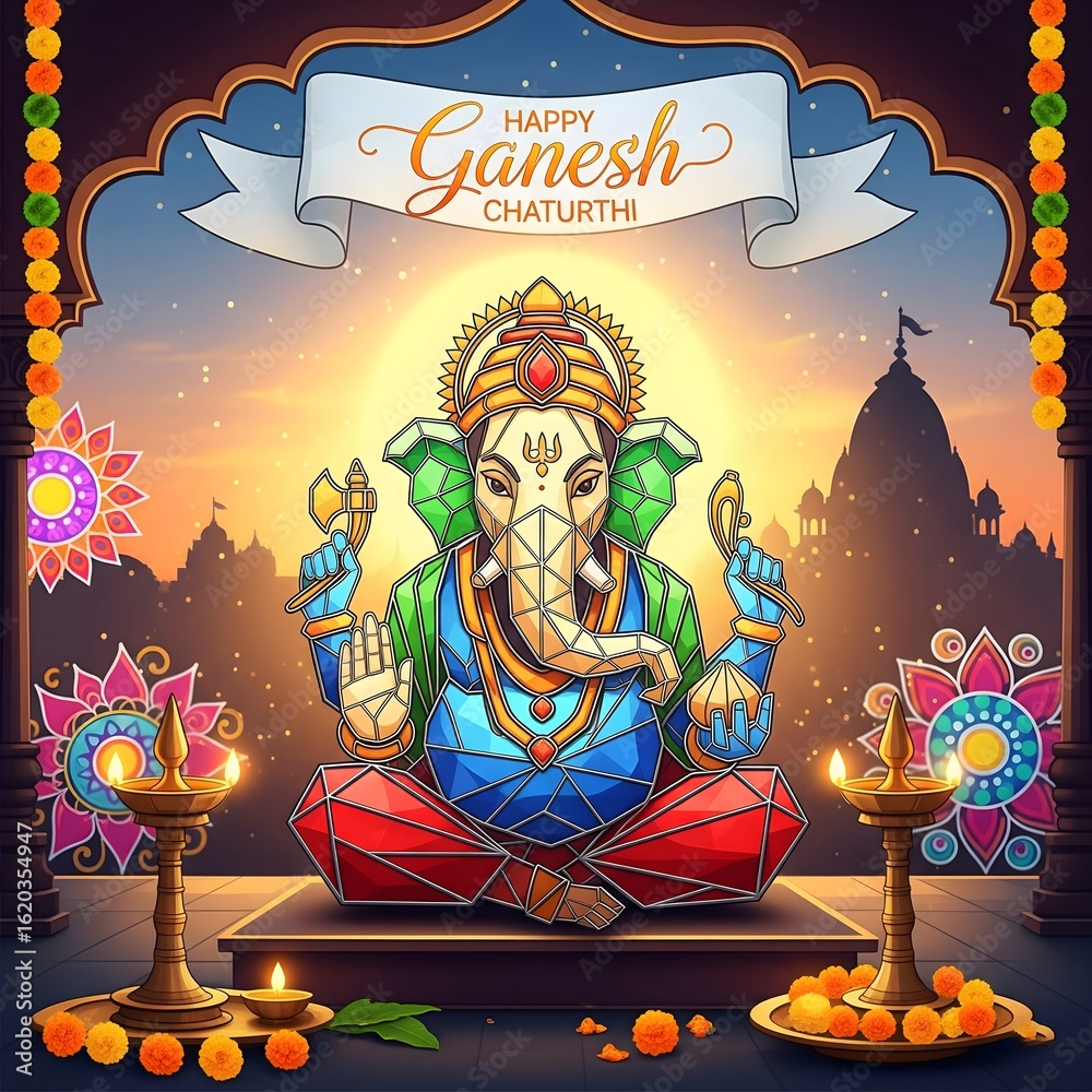 Obraz premium Vibrant ganesh chaturthi celebration with lamps and festive decorations