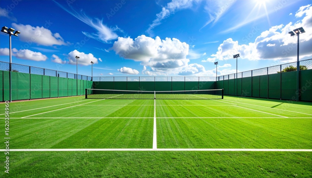 Fototapeta premium Sunny Day on a Lush Green Tennis Court.
