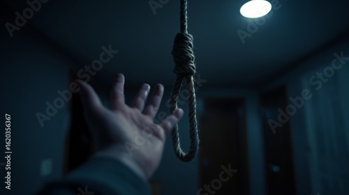 Hand reaching for a hangman's noose in a dark, despair-filled room.