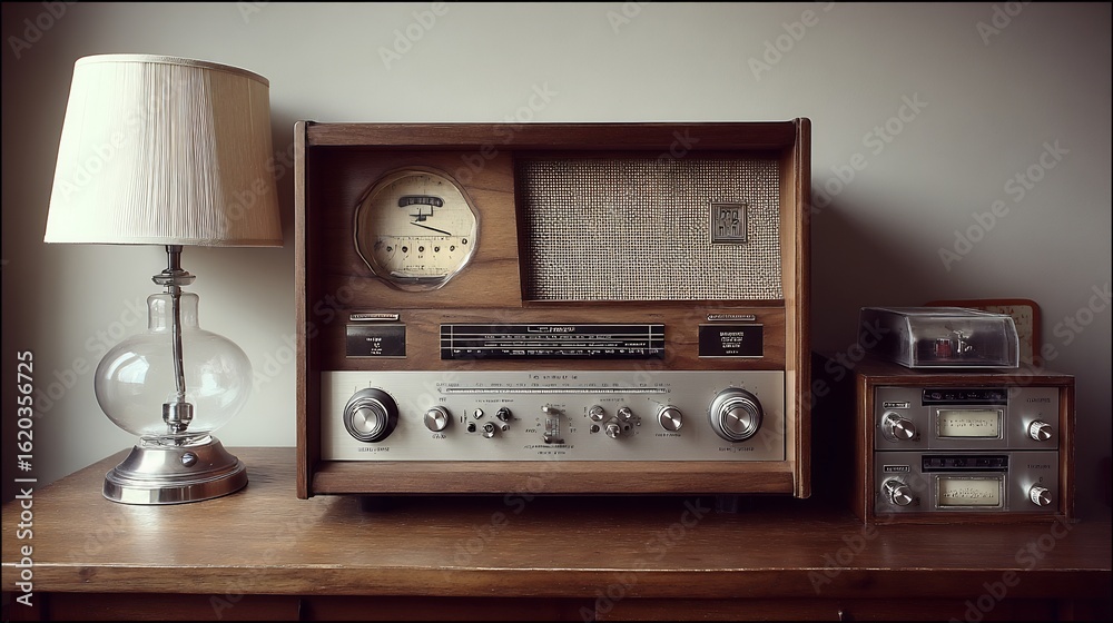 Fototapeta premium Vintage Audio Setup with Radio Receiver, Tape Deck, and Table Lamp in Warm Tones