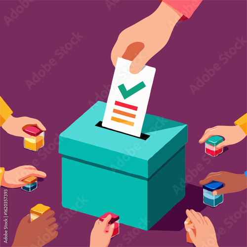Diverse Hands Casting Votes: Flat-Style Election Ballot Box Illustration

