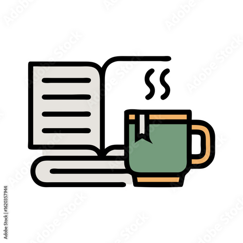 Cozy illustration of an open book with a warm drink nearby