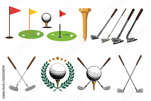 Golf Equipment and Icon Set Including Clubs, Balls, Flags, and Tee