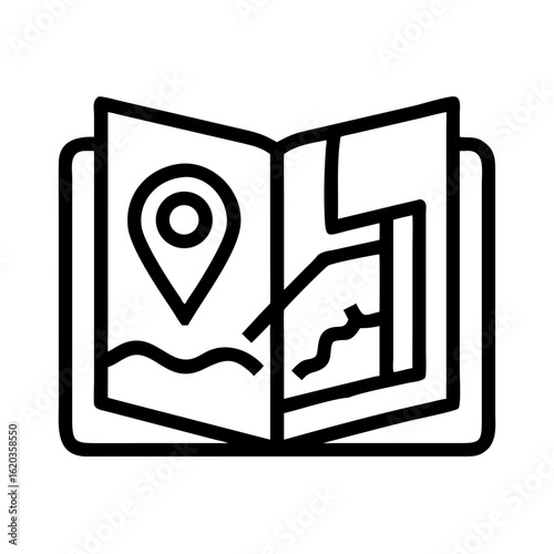 Stylized icon of open map book showing location marker and road network