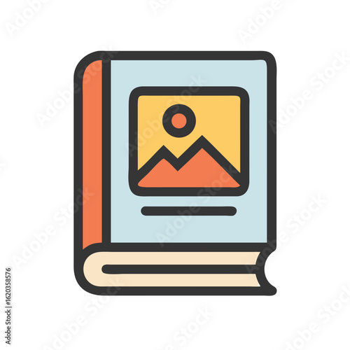 Illustration of a colorful hardcover book with a mountain landscape picture