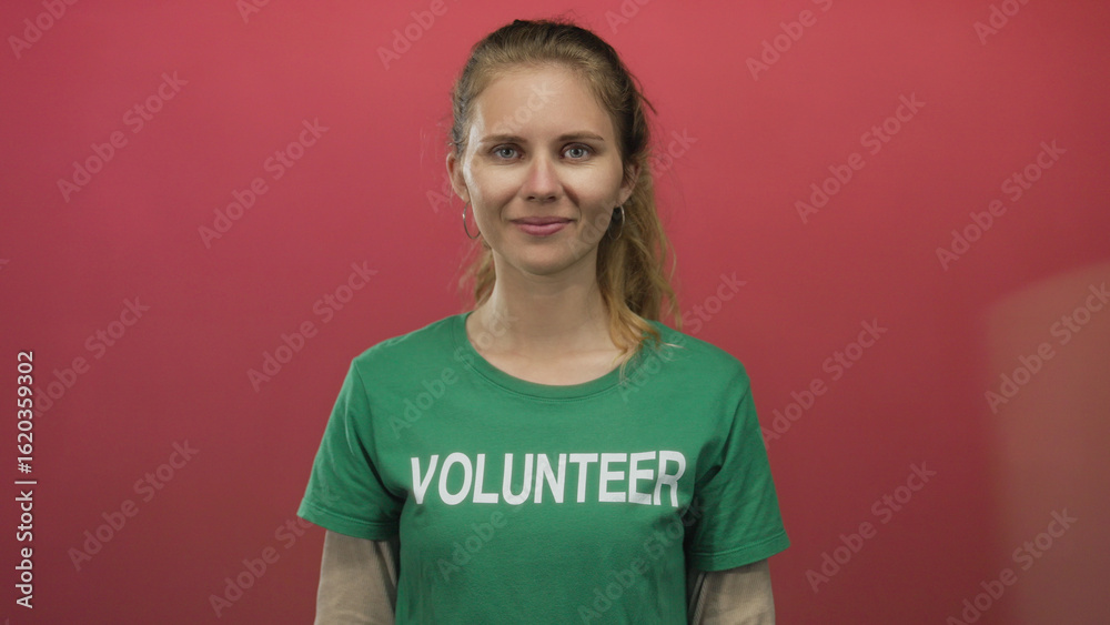 Fototapeta premium Woman uses hands adjusting volunteer glove and plastic wrap over green shirt while her blonde hair frames a gentle smile in an indoor setting.