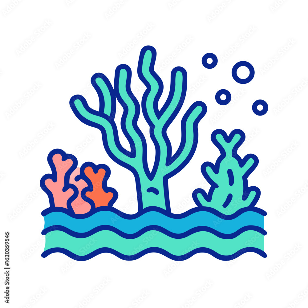 Obraz premium Stylized Coral Reef Scene with Bubbles Underwater, Ocean Life Illustration