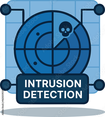 A digital illustration depicts an intrusion detection system with a radar screen and skull icon, symbolizing cyber security threats and network protection.