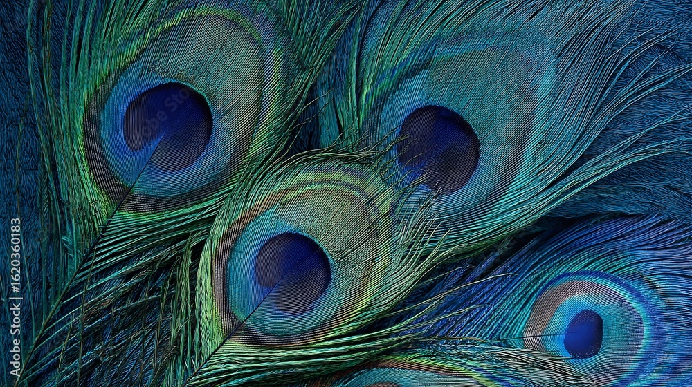 Fototapeta premium Peacock Feathers Texture with Blue Green, and Closeup.